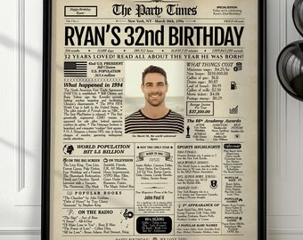 32nd Birthday Gift Newspaper Poster | Personalized Back In 1994 Sign | Digital or Printed