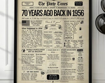 Letrero de periódico para regalo de 70 cumpleaños: Resumen del año 1956 (digital o impreso)