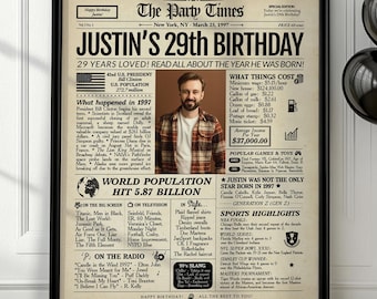 29th Birthday Gift Newspaper Poster | Personalized Back In 1997 Sign | Digital or Printed
