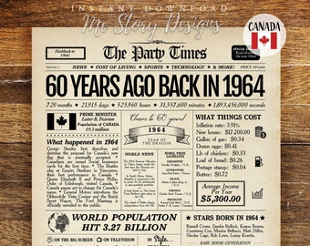 1964 CANADA, 60e anniversaire cadeau panneau de journal canadien, 1964 affiche d'anniversaire il y a 60 ans en 1964, 60e anniversaire décoration imprimable