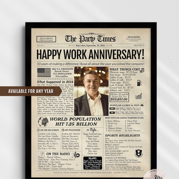 Work Anniversary Gift | Personalized Newspaper ANY YEAR | 10 year work gift | 25 year work gift | Gift for employees | PRINTABLE