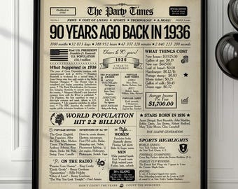May include: A framed poster titled The Party Times 90 Years Ago Back In 1936, featuring a vintage newspaper layout with black text on a beige background. It includes historical facts, statistics, and pop culture highlights from 1936.