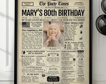 80th Birthday Newspaper Poster | Personalized Gift for Grandpa or Grandma | Printed or Digital
