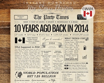 Back in 2014 CANADA, 10th Birthday Newspaper Sign Canadian, 10th Birthday Gift, 2014 Birthday Poster, 10 years ago back in 2014