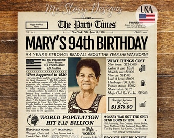 94th Birthday Newspaper Poster Sign, 94th Birthday Gift, 1930 Birthday, 94 Years Ago Back in 1930 Highlights