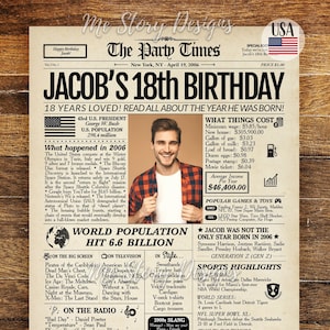 18th birthday newspaper sign, 18th birthday gift for girls and boys, back in 2006, 18th birthday decoration, newspaper print image 1