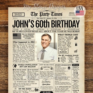 60th Birthday Newspaper Poster, 60th Birthday Gift for Him or Her, 60th Birthday Decorations, Gifts for Men, Gifts for Women, Back in 1964