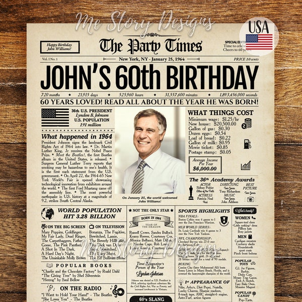 60th Birthday Newspaper Poster, 60th Birthday Gift for Him or Her, 60th Birthday Decorations, Gifts for Men, Gifts for Women, Back in 1964