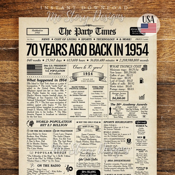 70th Birthday Newspaper Sign 1954, 70th Birthday Gift for Men or Women, Back in 1954, 70th Birthday Decorations, Gift for Him, Gift for Her