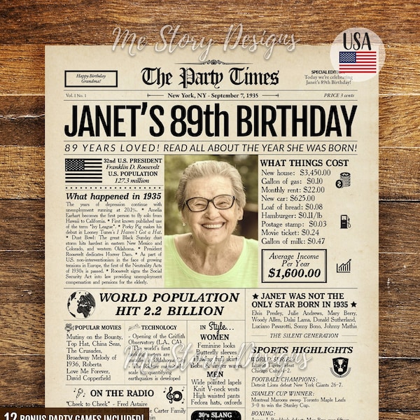 89th Birthday Newspaper Poster Sign | Gift for Elderly Man or Woman | Born in 1935 | ANY YEAR | Gift for Grandma or Grandpa