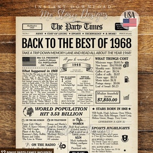Cartel de periódico de 1968, regalo de cumpleaños número 57, 57.° aniversario, póster de Regreso al año 1968, The Party Times, El año en que naciste