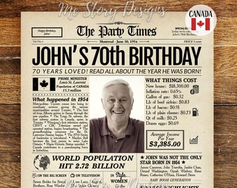 70th Birthday Newspaper Poster 1954 CANADA, 70th Birthday Gift for Men or Women, Personalized 70th Birthday Sign 1954 Canadian Highlights