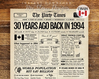 Back in 1994 CANADA, 30th Birthday Newspaper Sign Canadian, 30th Birthday Decoration, 30th Anniversary Gift, 30 years ago back in 1994