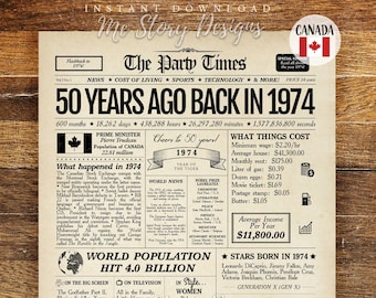 Back in 1974 CANADA, 50th Birthday Newspaper Sign Canadian, 1974 Birthday Poster, 50th Anniversary Gift, 50 years ago back in 1974