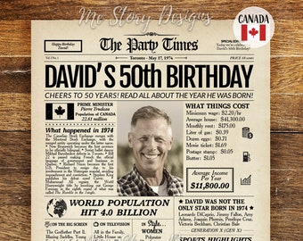 50th Birthday Newspaper Poster 1974 CANADA, 50th Birthday Gift for Men or Women, Personalized 50th Birthday Sign 1974 Canadian Highlights