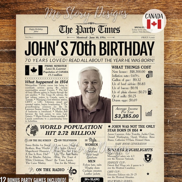 70th Birthday Newspaper Poster 1954 CANADA, 70th Birthday Gift for Men or Women, Personalized 70th Birthday Sign 1954 Canadian Highlights