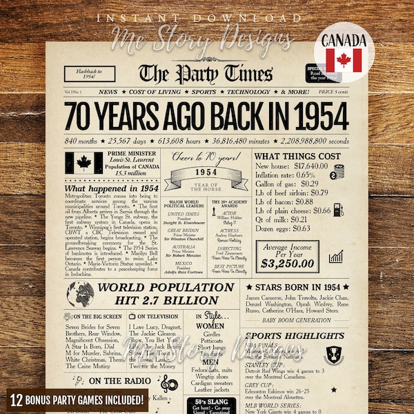 70th Birthday Newspaper Sign CANADIAN, 1954 Birthday Poster, Back in 1954 CANADA, 70th Birthday Gift, 70th Birthday Decoration