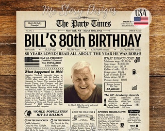 80th Birthday Newspaper Poster, 80th Birthday Gift for Him or Her, 80th Birthday Decorations, Gifts for Men, Gifts for Women, Back in 1944