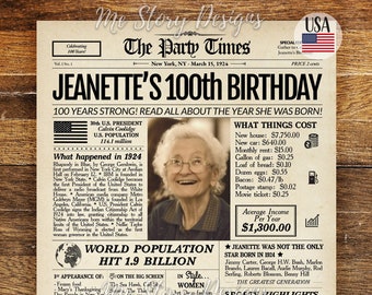 Cadeau 100e anniversaire, affiche de journal 100e anniversaire, fête 100e anniversaire, 100 ans en arrière en 1924