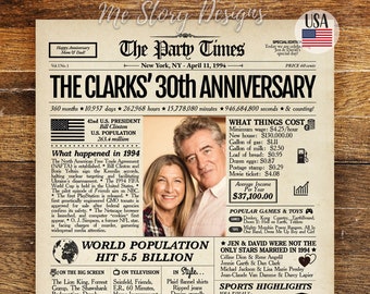 30th Anniversary Gift for Parents, Back in 1994 Newspaper Poster Sign, 30th Wedding Anniversary Gift, Pearl Anniversary, 1994 Highlights
