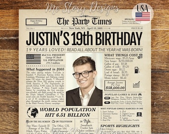 19th Birthday Newspaper Poster Sign, 19th Birthday Gift for Boys and Girls, 2005 Birthday, 19 Years Ago Back in 2005 Highlights