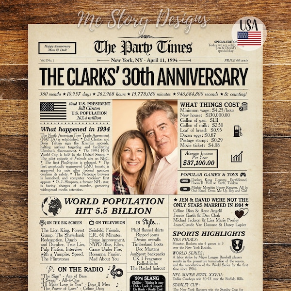 30th Anniversary Gift for Parents, Back in 1994 Newspaper Poster Sign, 30th Wedding Anniversary Gift, Pearl Anniversary, 1994 Highlights
