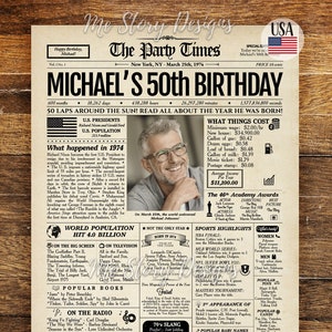 50th Birthday Newspaper Poster, 50th Birthday Gift for Him or Her, 50th Birthday Decorations, Gifts for Men, Gifts for Women, Back in 1974