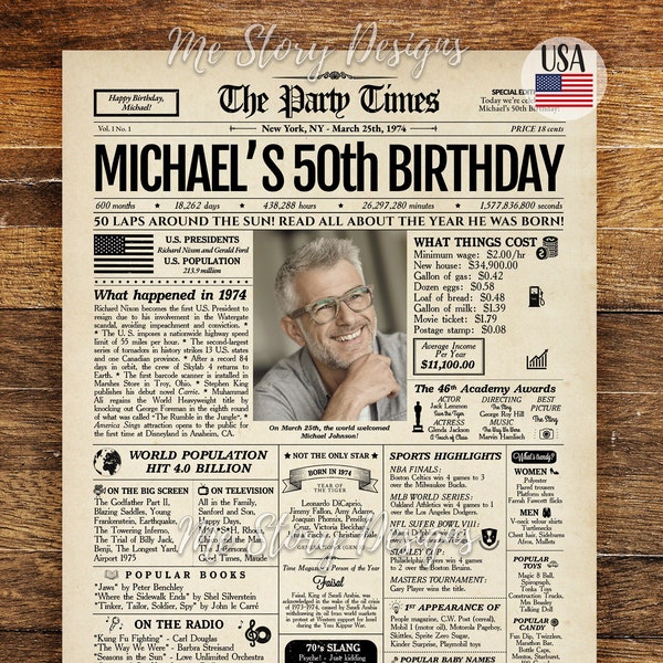 50th Birthday Newspaper Poster, 50th Birthday Gift for Him or Her, 50th Birthday Decorations, Gifts for Men, Gifts for Women, Back in 1974