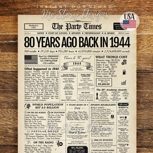 80th Birthday Newspaper Sign 1944, 80th Birthday Gift for Men or Women, Back in 1944, 80th Birthday Decorations, Gift for Him, Gift for Her