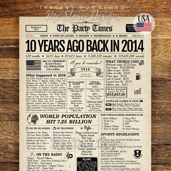 10th Birthday Newspaper Sign 2014, 10th Birthday Gift for Boys and Girls, 10th Anniversary Gift, 10 Years Ago Back in 2014 Poster