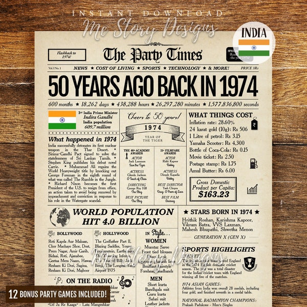 1974 INDIA 50th Birthday Newspaper INDIAN, 50th Anniversary, India decor, Indian Birthday Poster 50 Years Ago Back in 1974