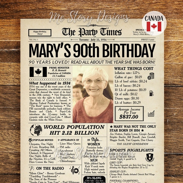 90th Birthday Newspaper Poster 1934 CANADA, 90th Birthday Gift for Men or Women, Personalized 90th Birthday Sign 1934 Canadian Highlights