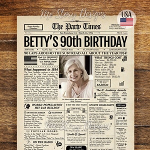 90th Birthday Newspaper Poster, 90th Birthday Gift for Him or Her, 90th Birthday Decorations, Gifts for Men, Gifts for Women, Back in 1934