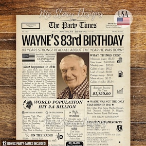 83rd Birthday Newspaper Poster, Gift for Grandpa or Grandma, Back in 1941 Birthday Gift for Men or Women, 83rd Birthday Sign PRINTABLE