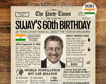 INDIA Birthday Newspaper Poster INDIAN 30th 40th 50th 60th 70th Birthday | Back in 1994, 1984, 1974, 1964 or 1954 | Birthday Gift Idea