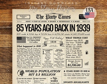 85th Birthday 1939 Newspaper Sign, 85th Birthday Gift for Men or Women, What Happened in 1939, 85 Years Ago Back in 1939 Poster