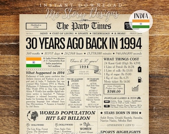 1994 INDIA 30th Birthday Newspaper INDIAN, 30th Anniversary, India decor, Indian Birthday Poster 30 Years Ago Back in 1994