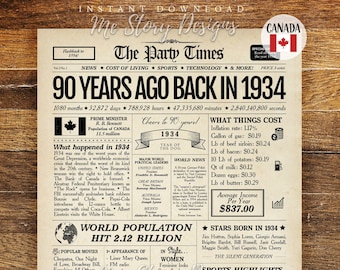 90th Birthday Newspaper Sign CANADIAN, 1934 Birthday Poster, Back in 1934 CANADA, 90th Birthday Decoration, 90th Birthday Gift