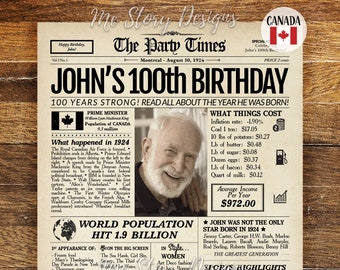 100th Birthday CANADA 1924 Newspaper Poster Gift, CANADIAN Back in 1924 Sign, Personalized 100th Birthday Gift for Women or Men