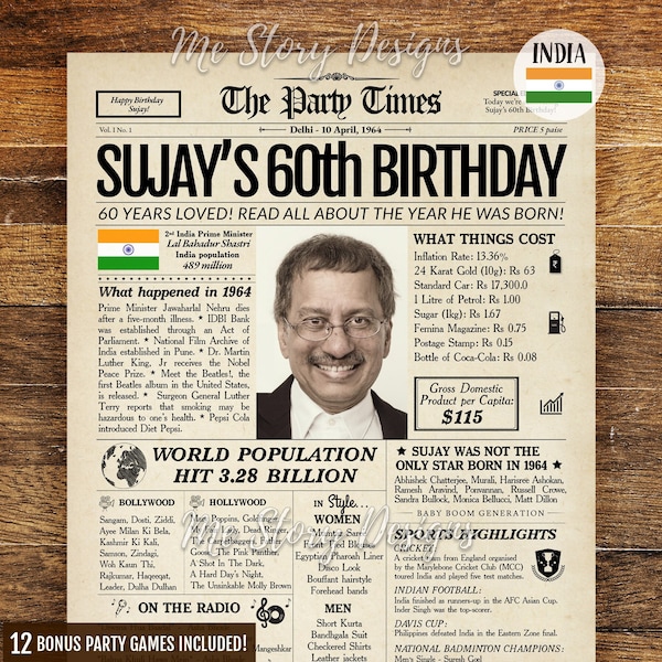INDIA Birthday Newspaper Poster INDIAN 30th 40th 50th 60th 70th Birthday | Back in 1994, 1984, 1974, 1964 or 1954 | Birthday Gift Idea