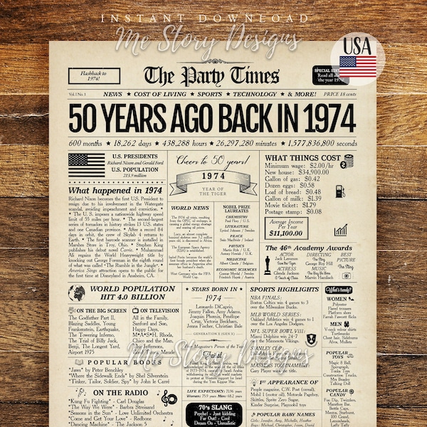 50th Birthday Newspaper Sign 1974, 50th Birthday Gift for Men or Women, Back in 1974, 50th Birthday Decorations, Gift for Him, Gift for Her