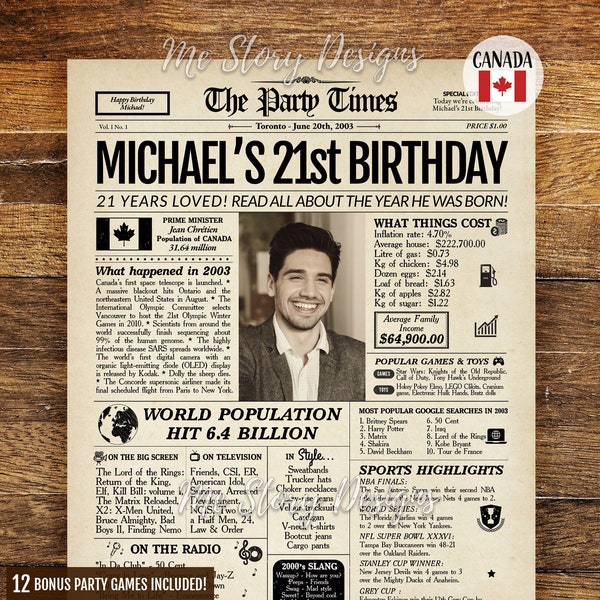 21st Birthday Gift for Him or Her, 21st Birthday Newspaper Poster 2003 CANADA, Personalized 21st Birthday Sign 2003 Canadian Highlights