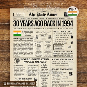 1994 INDE 30e anniversaire journal indien, 30e anniversaire, décoration Inde, affiche d'anniversaire indien il y a 30 ans en 1994 image 1