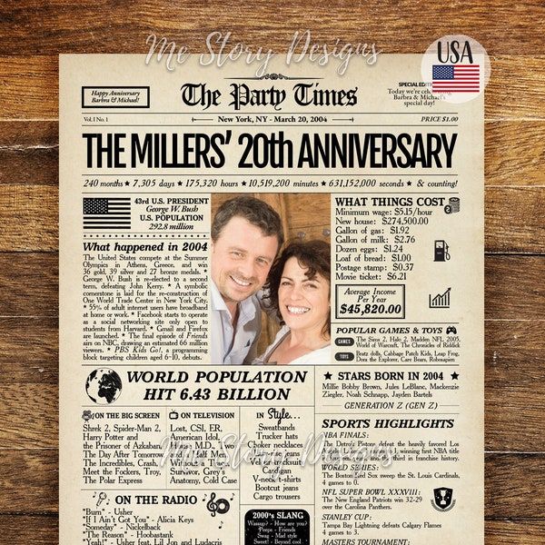 20th Anniversary Gift, Back in 2004 Newspaper Poster Sign, 20th Wedding Anniversary Gift for couple, 2004 Highlights