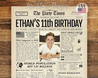 11th Birthday Newspaper Sign, 11th Birthday Gift for Boys and Girls, 2013 Newspaper, 11 Years Ago Back in 2013 Highlights