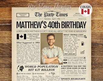 40th Birthday Newspaper Poster 1984 CANADA, 40th Birthday Gift for Men or Women, Personalized 40th Birthday Sign 1984 Canadian Highlights