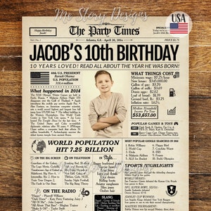 10th Birthday Newspaper Sign, 10th Birthday Gift for Boys and Girls, 2014 Newspaper, 10 Years Ago Back in 2014 Highlights