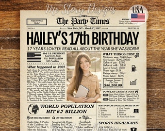 17th Birthday Newspaper Poster Sign PRINTABLE, 17th Birthday Gift, 17 Years Ago Back in 2007, 17th Birthday Party Decoration