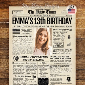 13th Birthday Newspaper Poster Sign, 13th Birthday Gift Idea for Boys and Girls, 2011 Newspaper, 13 Years Ago Back in 2011 Highlights