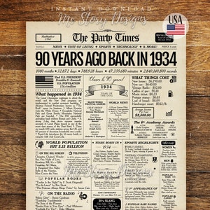 90th Birthday Newspaper Sign 1934, 90th Birthday Gift for Men or Women, Back in 1934, 90th Birthday Decorations, Gift for Him, Gift for Her